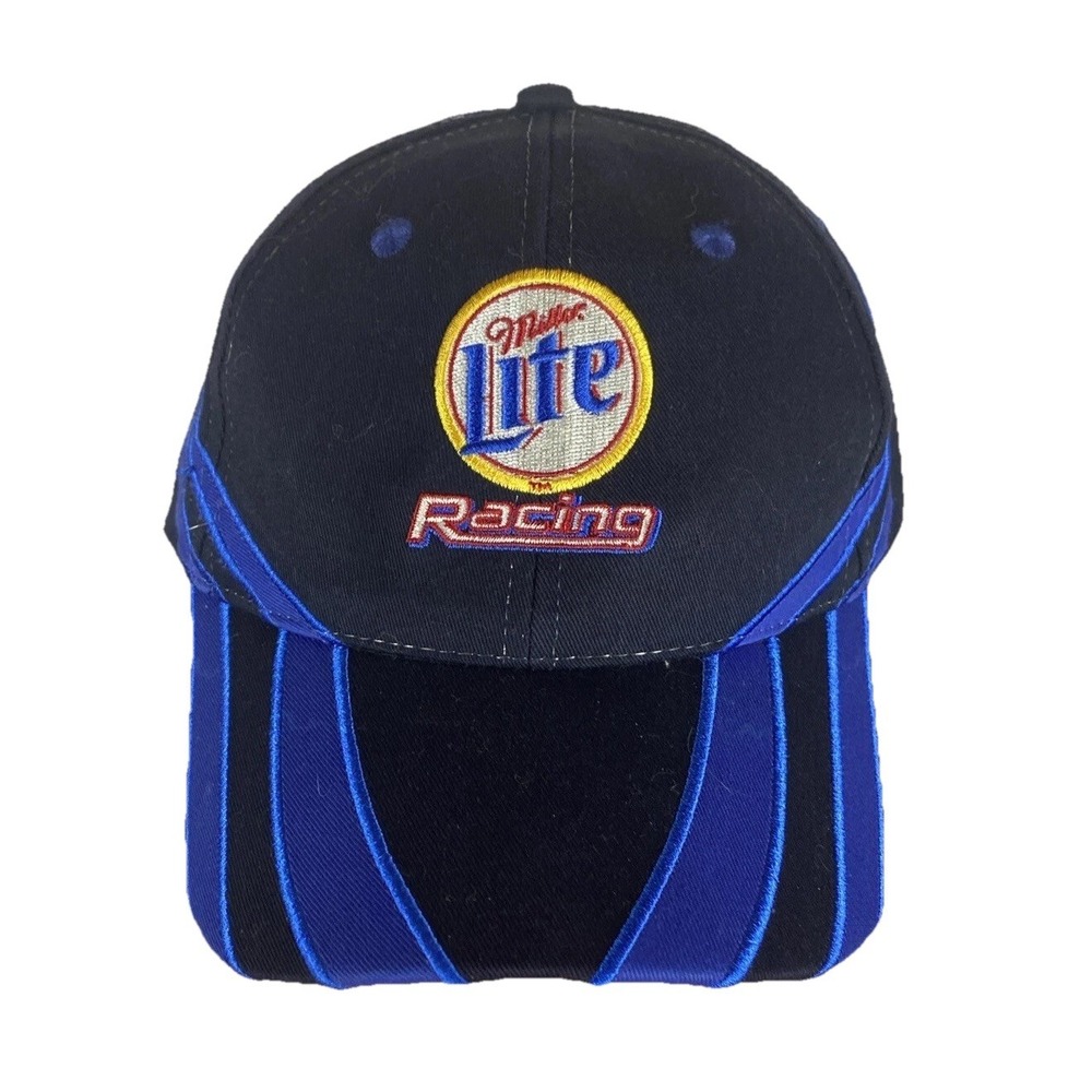 Miller Lite Racing Hat Cap Vintage‎ CSE Black Blue Stripes Adjust Strap Nascar
